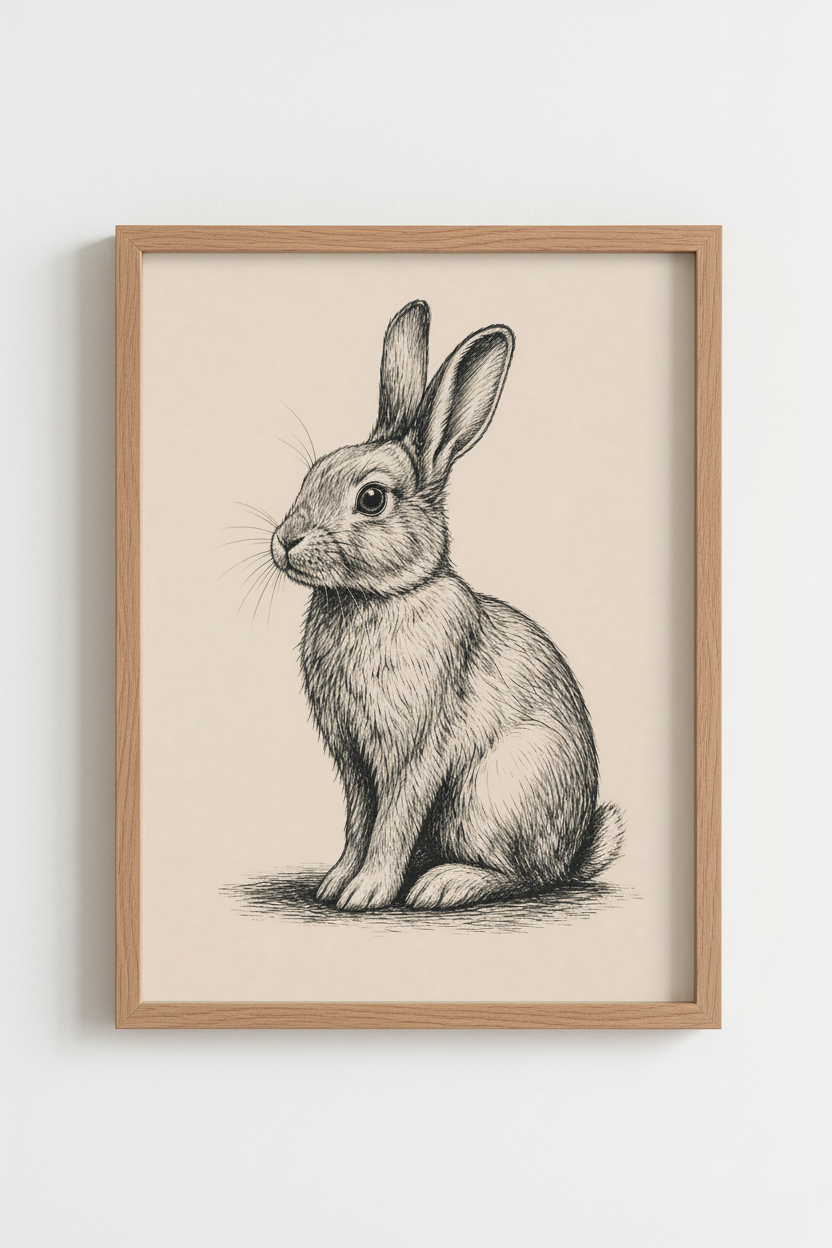 Vintage Rabbit Ink Sketch Wall Art | Nursery Decor | Woodland Bunny Poster