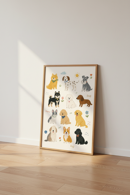 Cute Dog Breeds Art Print | Nursery Wall Decor | Illustrated Puppy Poster