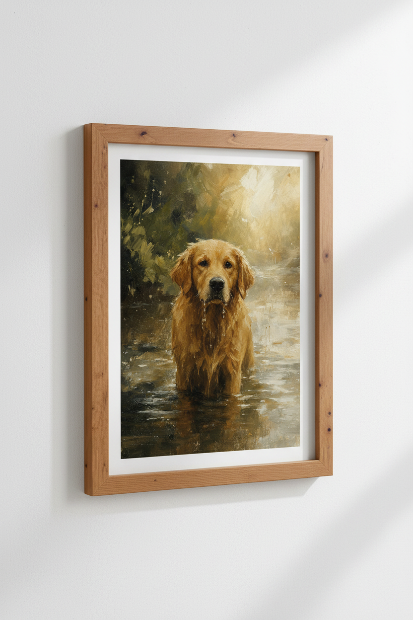 Golden Retriever Oil Painting | Rustic Gold Dog Print, Farmhouse Decor
