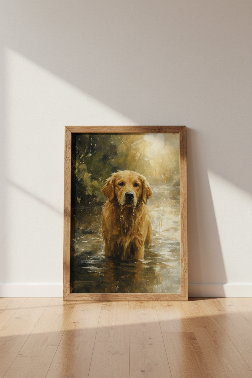 Golden Retriever Oil Painting | Rustic Gold Dog Print, Farmhouse Decor
