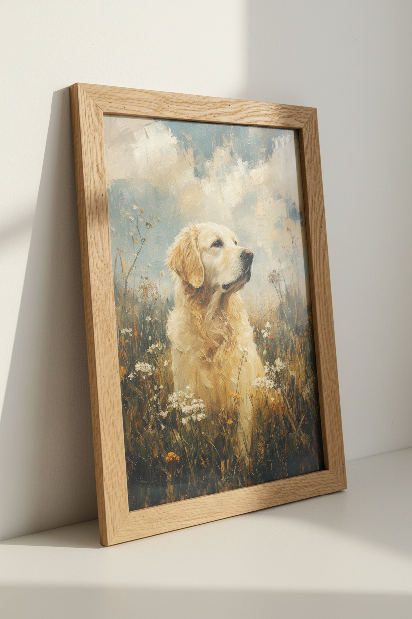 Golden Retriever Portrait | Oil Painting Style, Farmhouse Dog Wall Art Poster
