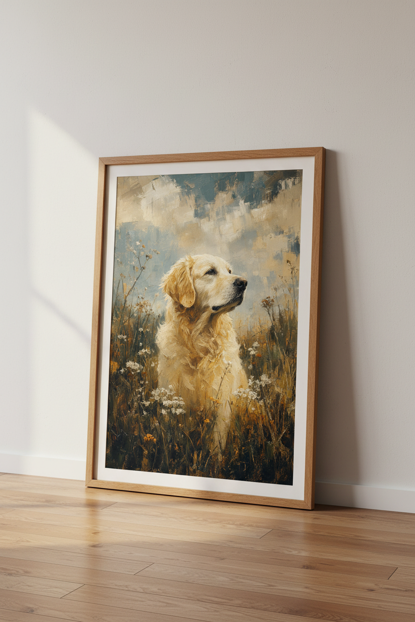 Golden Retriever Portrait | Oil Painting Style, Farmhouse Dog Wall Art Poster