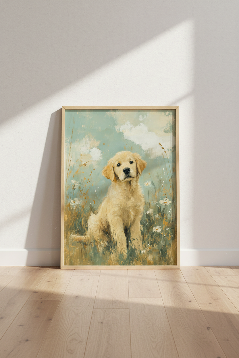 Golden Retriever Puppy Oil Painting | Blue &amp; Gold Meadow Art, Nursery Decor