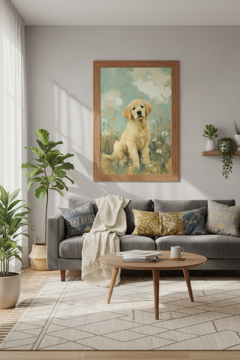 Golden Retriever Puppy Oil Painting | Blue &amp; Gold Meadow Art, Nursery Decor