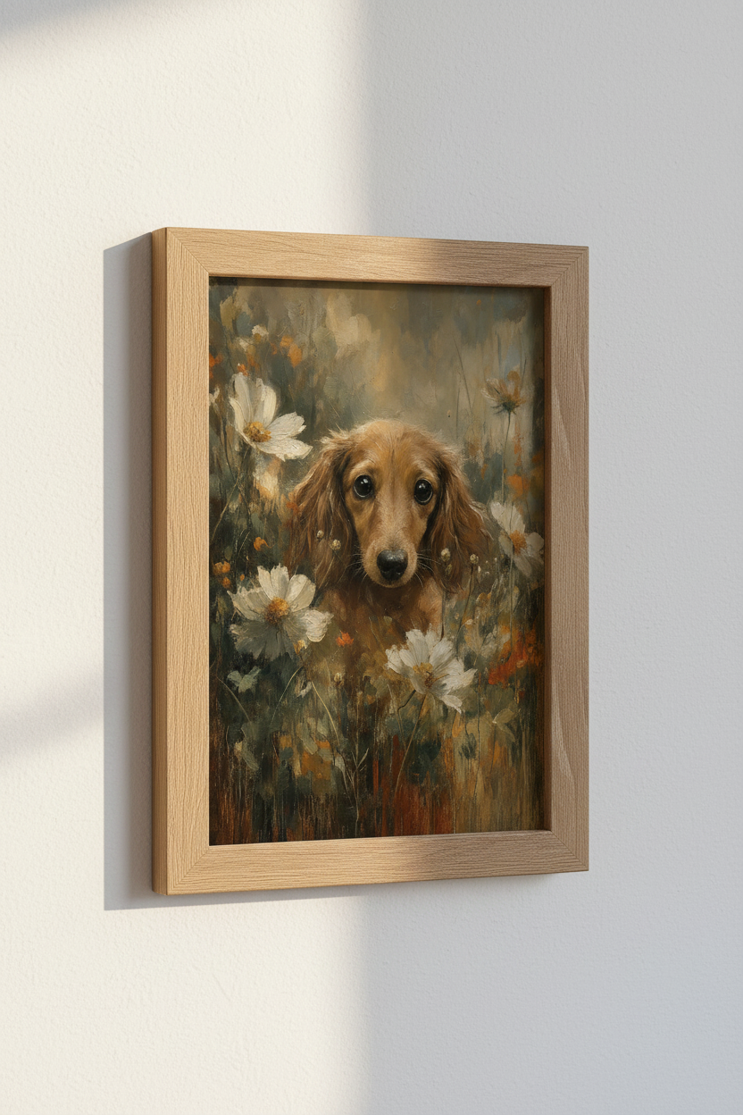 Dachshund Oil Painting | Long Haired Dog in Wildflowers, Rustic Nursery Decor