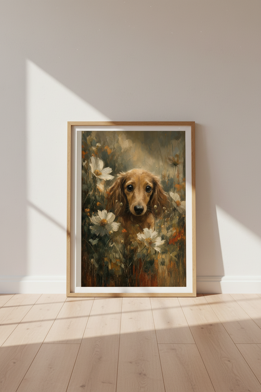 Dachshund Oil Painting | Long Haired Dog in Wildflowers, Rustic Nursery Decor