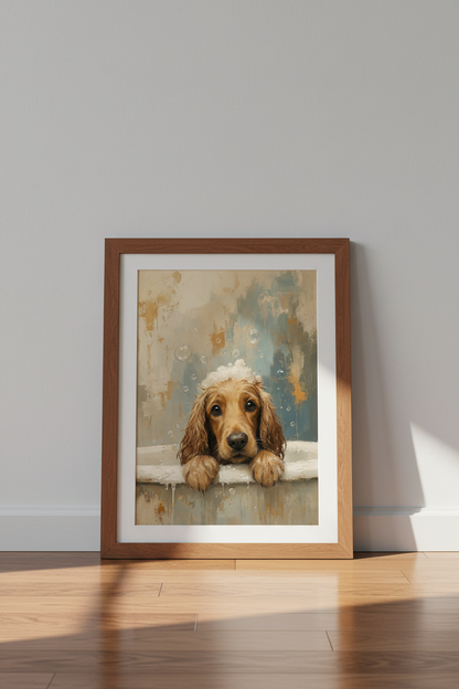 Golden Retriever in Bathtub Art | Bathroom Wall Decor | Puppy Oil Painting Poster