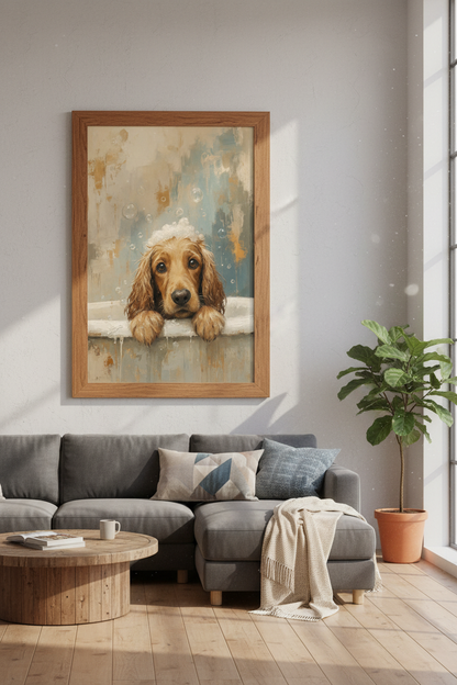 Golden Retriever in Bathtub Art | Bathroom Wall Decor | Puppy Oil Painting Poster
