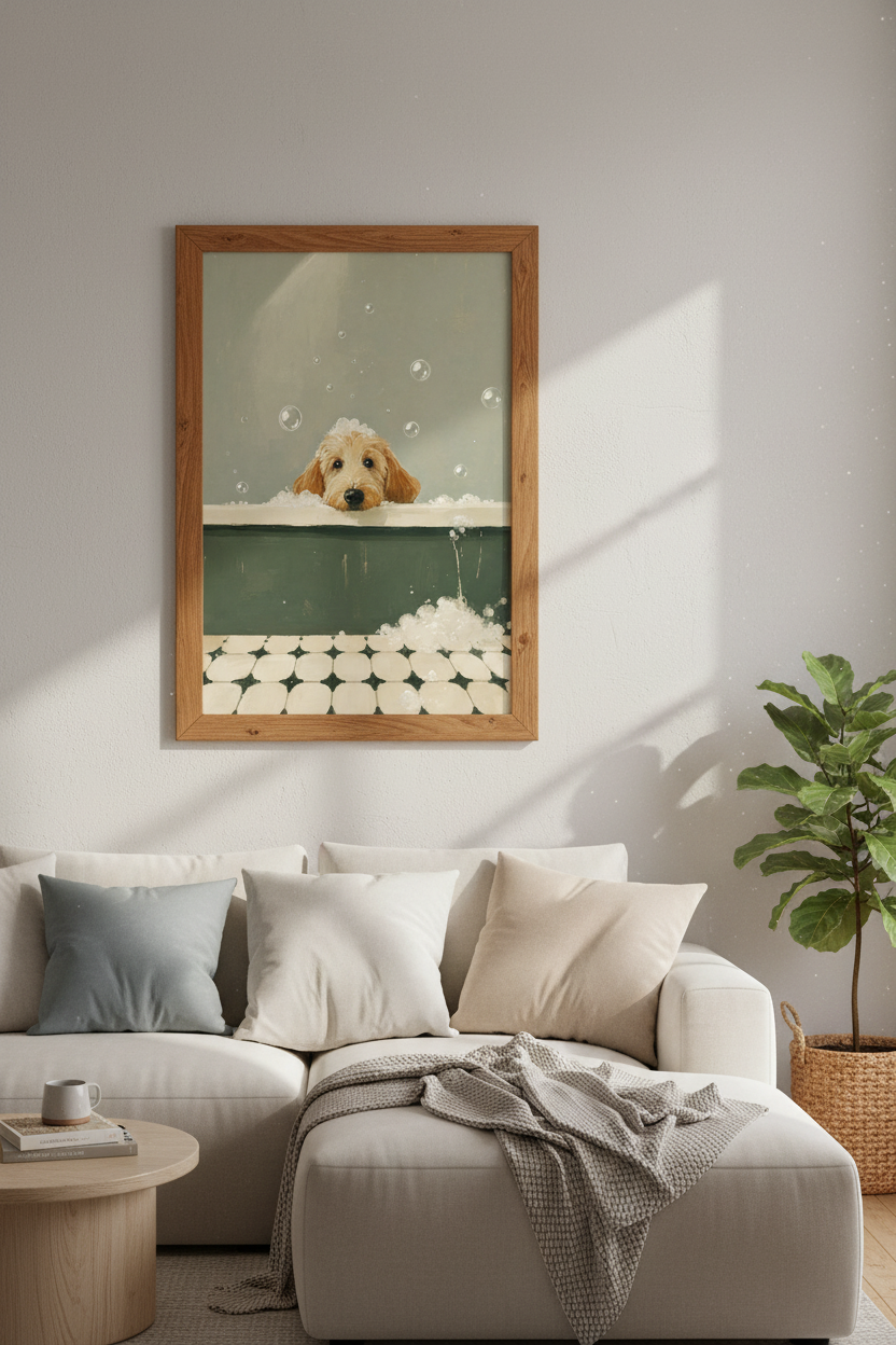 Goldendoodle Puppy in Bathtub Art | Sage Green Bathroom Decor | Whimsical Dog Poster