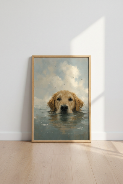 Golden Retriever Swimming Wall Art | Coastal Oil Painting Print | Dog Lover Decor