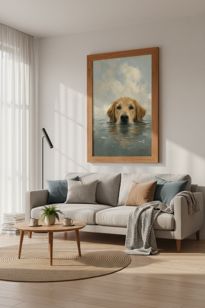 Golden Retriever Swimming Wall Art | Coastal Oil Painting Print | Dog Lover Decor