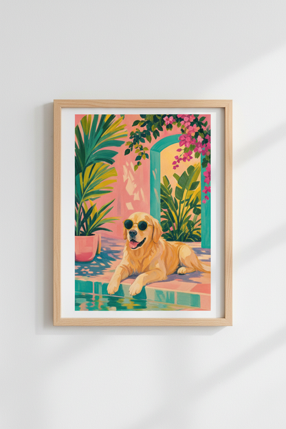 Golden Retriever Wall Art Print | Tropical Dog Poster | Colorful Coastal Decor