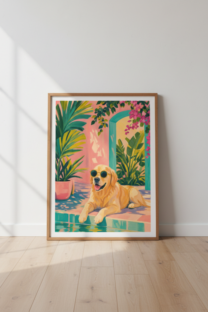 Golden Retriever Wall Art Print | Tropical Dog Poster | Colorful Coastal Decor