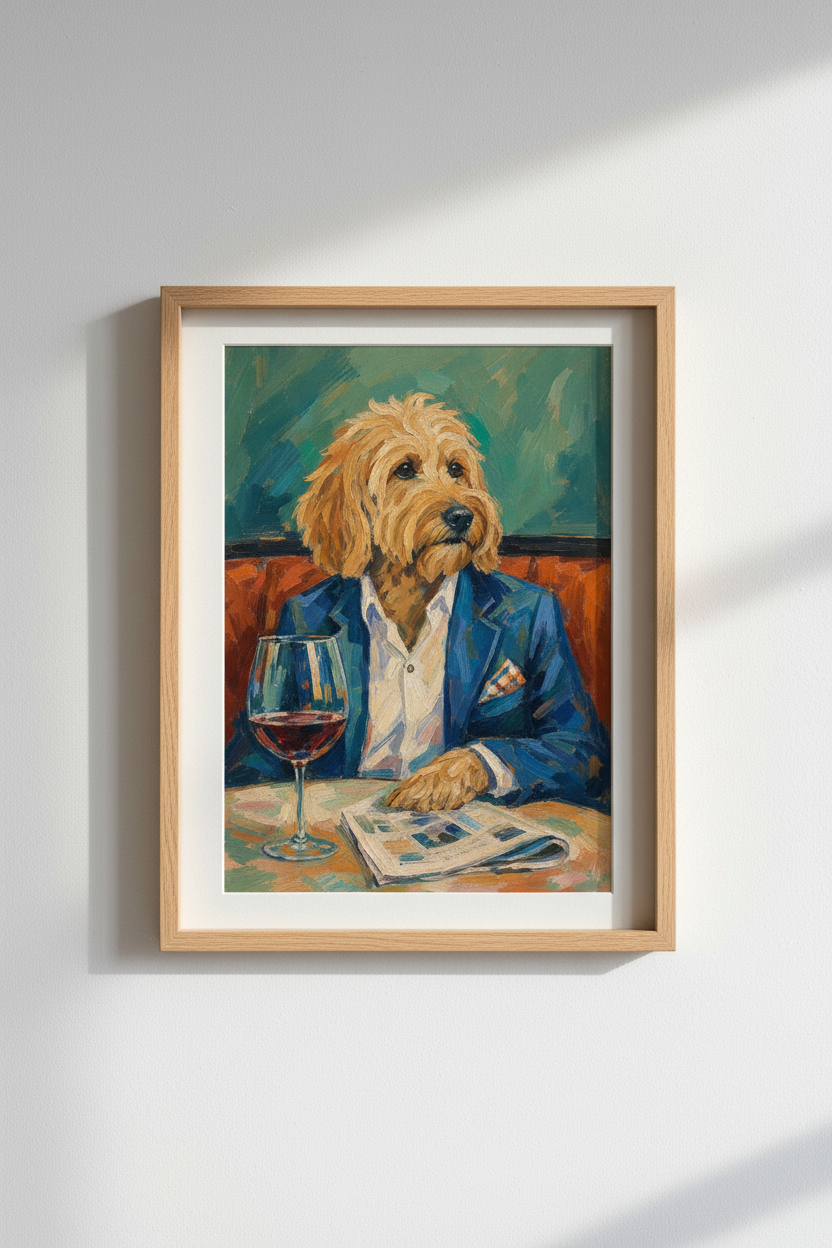 Goldendoodle Oil Painting | Funny Dog in Suit Poster, Whimsical Bar Decor