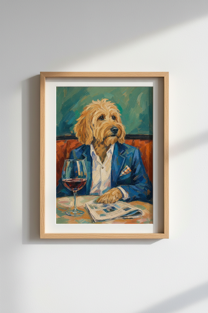 Goldendoodle Oil Painting | Funny Dog in Suit Poster, Whimsical Bar Decor