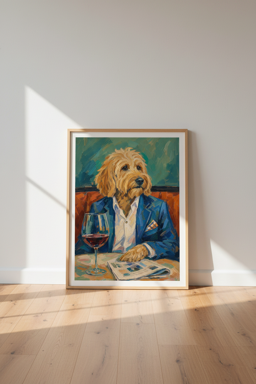 Goldendoodle Oil Painting | Funny Dog in Suit Poster, Whimsical Bar Decor