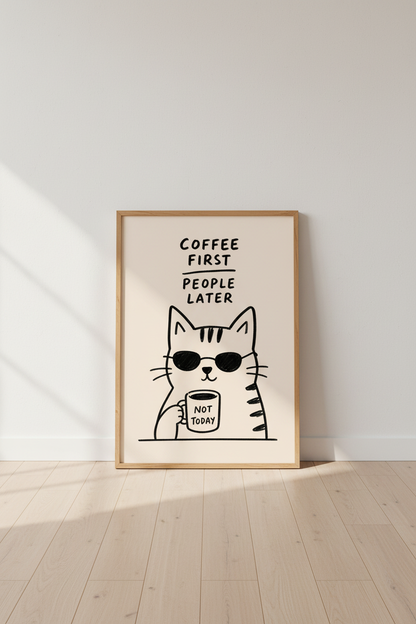 Funny Cat Coffee Poster | Minimalist Kitchen Decor, Sarcastic Animal Print Art
