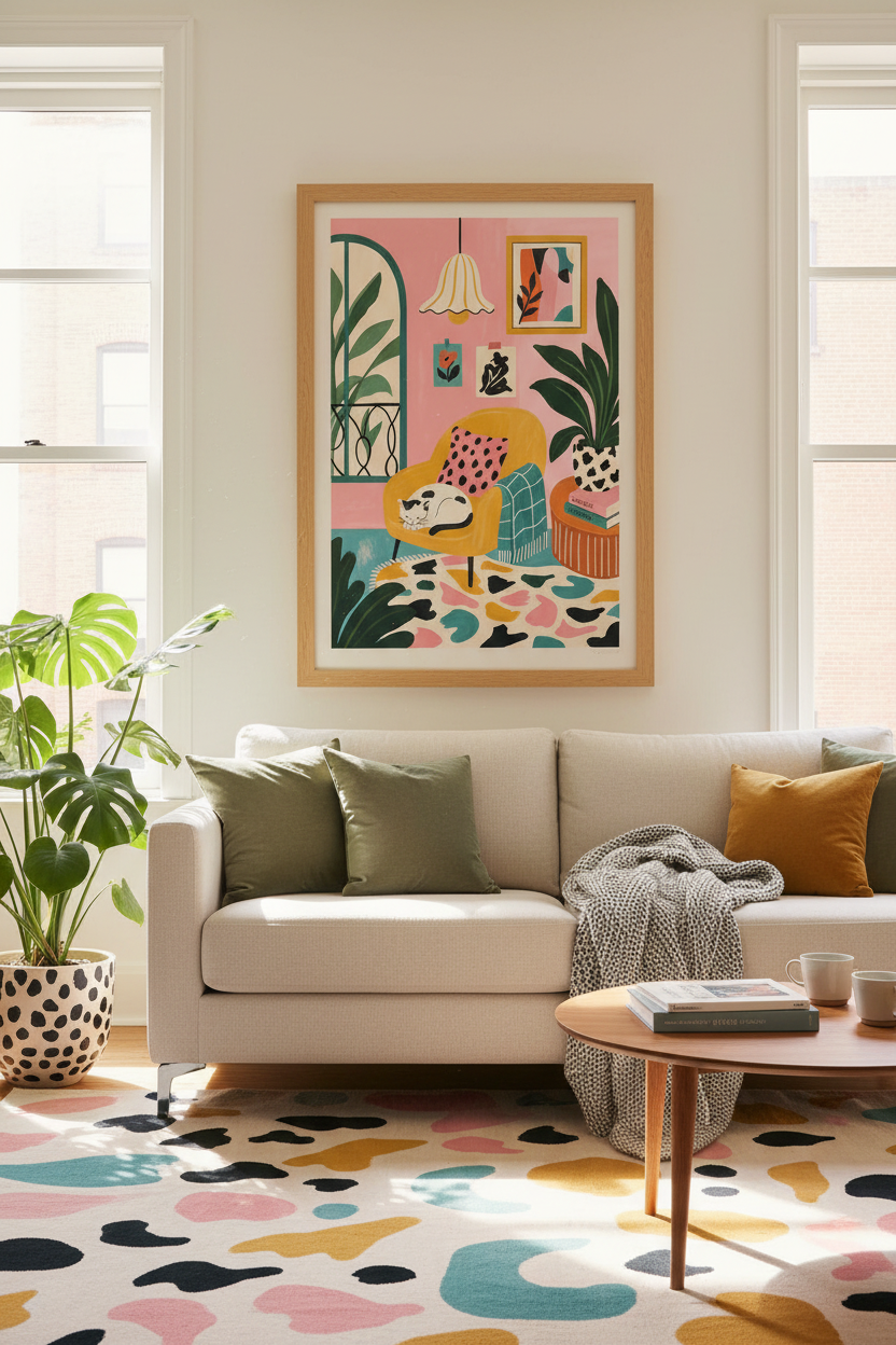 Sleeping Cat Art Print | Matisse Style Pink Decor, Boho Living Room Poster