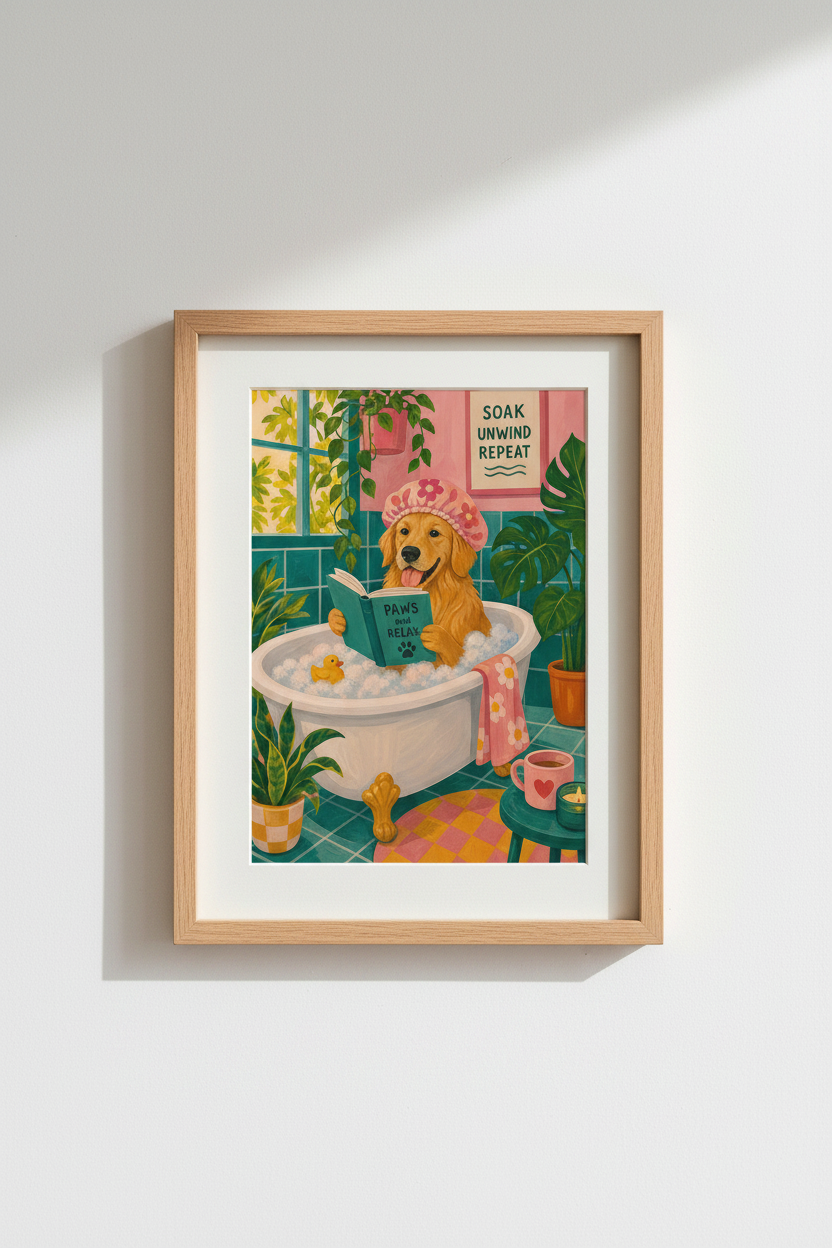 Golden Retriever Bathroom Wall Art Print | Funny Dog Decor | Whimsical Pink Poster