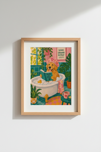 Golden Retriever Bathroom Wall Art Print | Funny Dog Decor | Whimsical Pink Poster