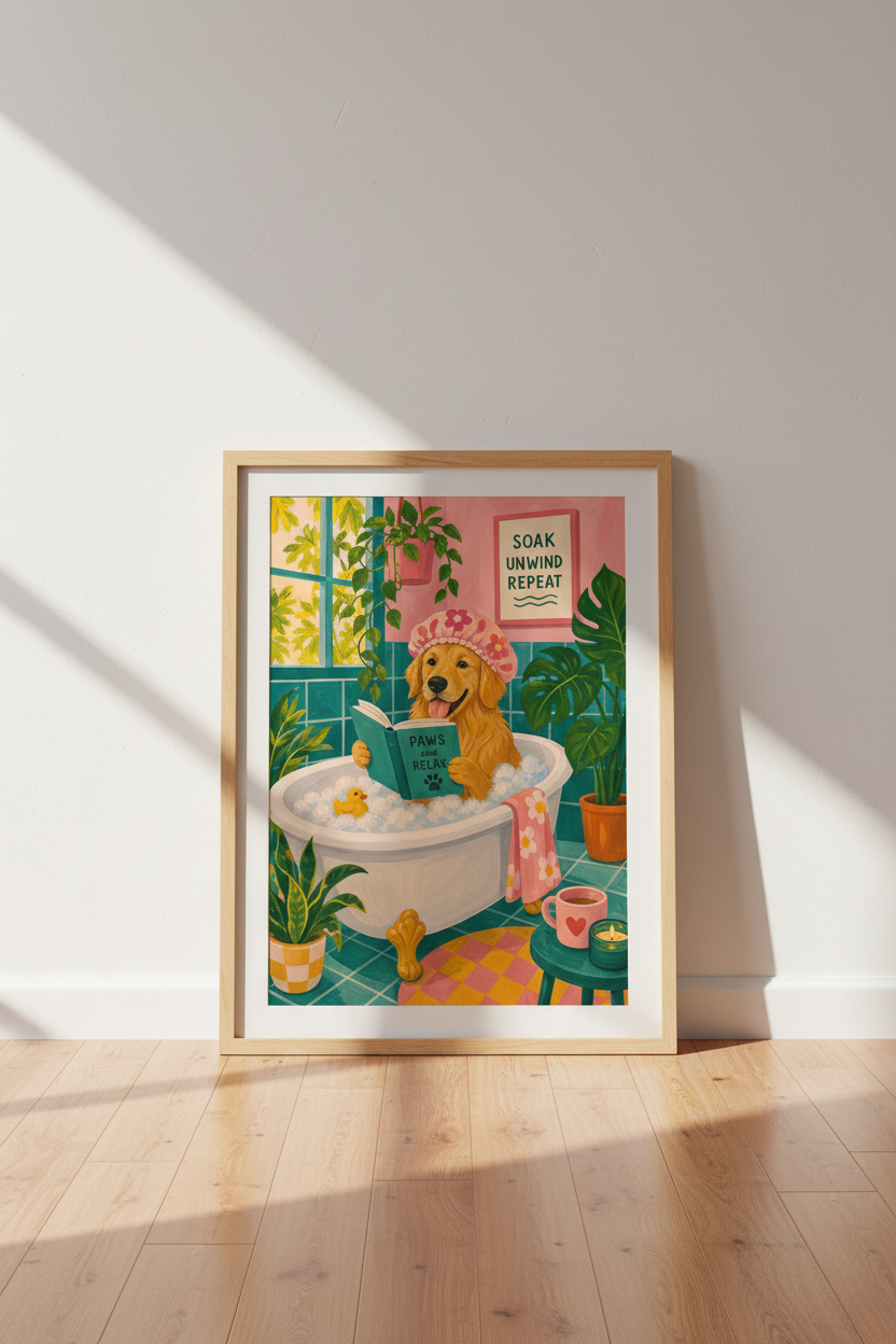 Golden Retriever Bathroom Wall Art Print | Funny Dog Decor | Whimsical Pink Poster