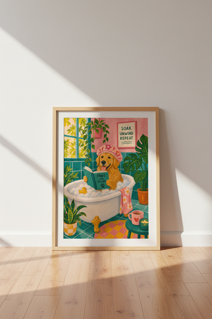 Golden Retriever Bathroom Wall Art Print | Funny Dog Decor | Whimsical Pink Poster