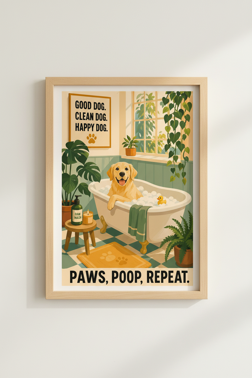 Dog Bathroom Wall Art Print | Golden Retriever Poster | Funny Pet Grooming Decor
