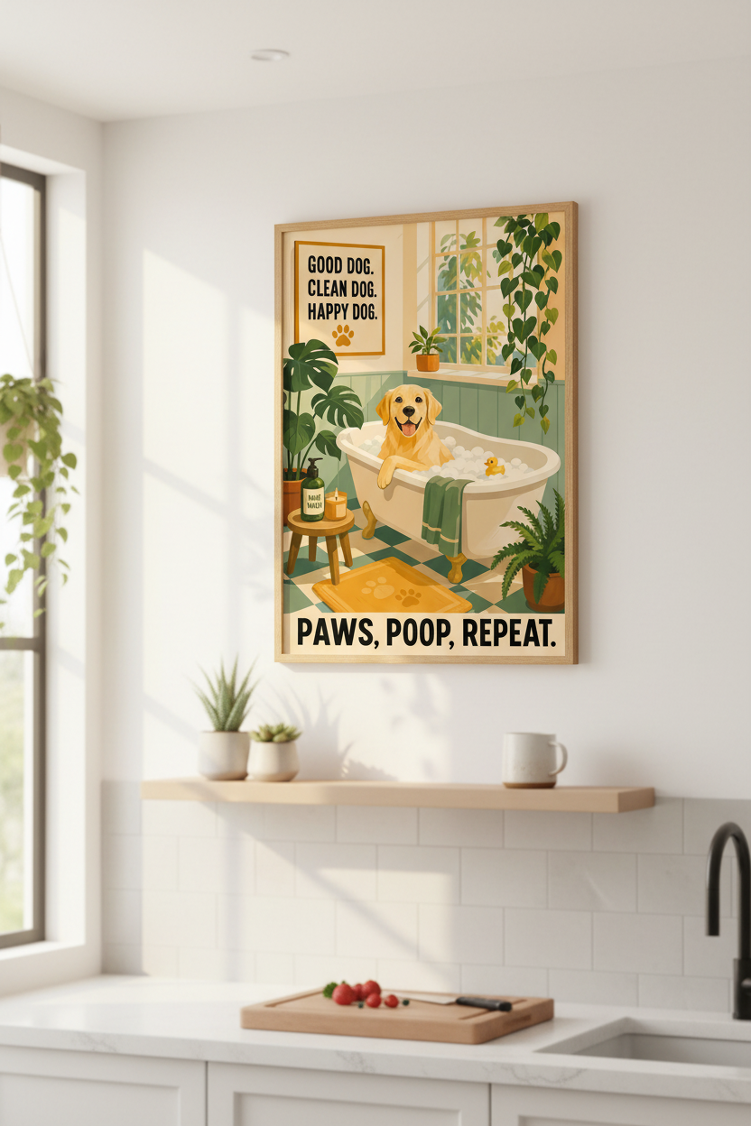 Dog Bathroom Wall Art Print | Golden Retriever Poster | Funny Pet Grooming Decor