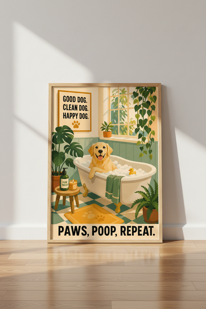 Dog Bathroom Wall Art Print | Golden Retriever Poster | Funny Pet Grooming Decor