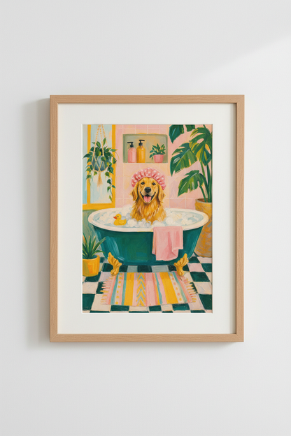 Golden Retriever Bath Wall Art Print | Funny Bathroom Decor | Maximalist Poster