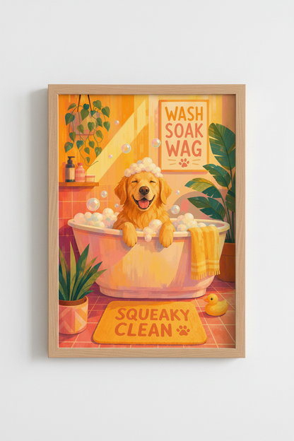 Golden Retriever Bathroom Wall Art | Funny Dog Bath Poster, Cute Puppy Decor