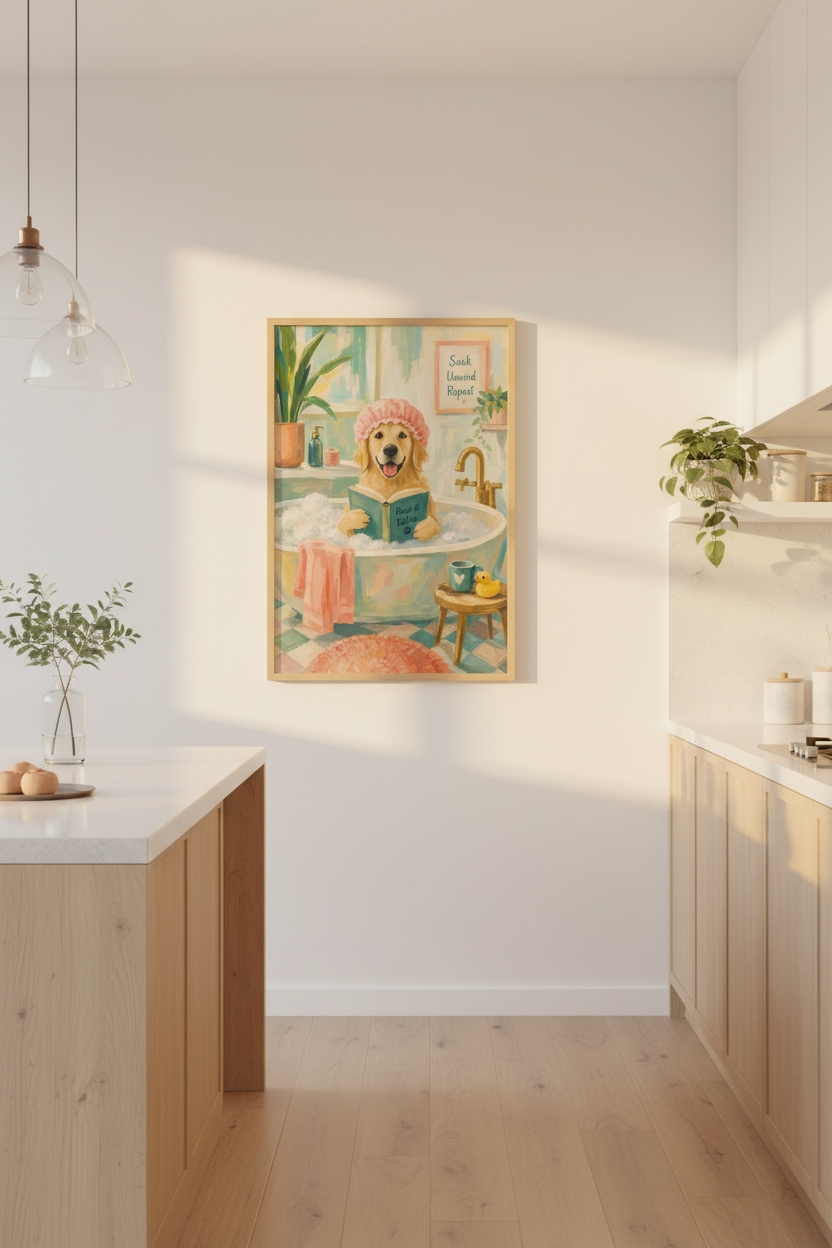 Golden Retriever Bathroom Wall Art | Funny Dog Bathtub Poster | Cute Pet Decor