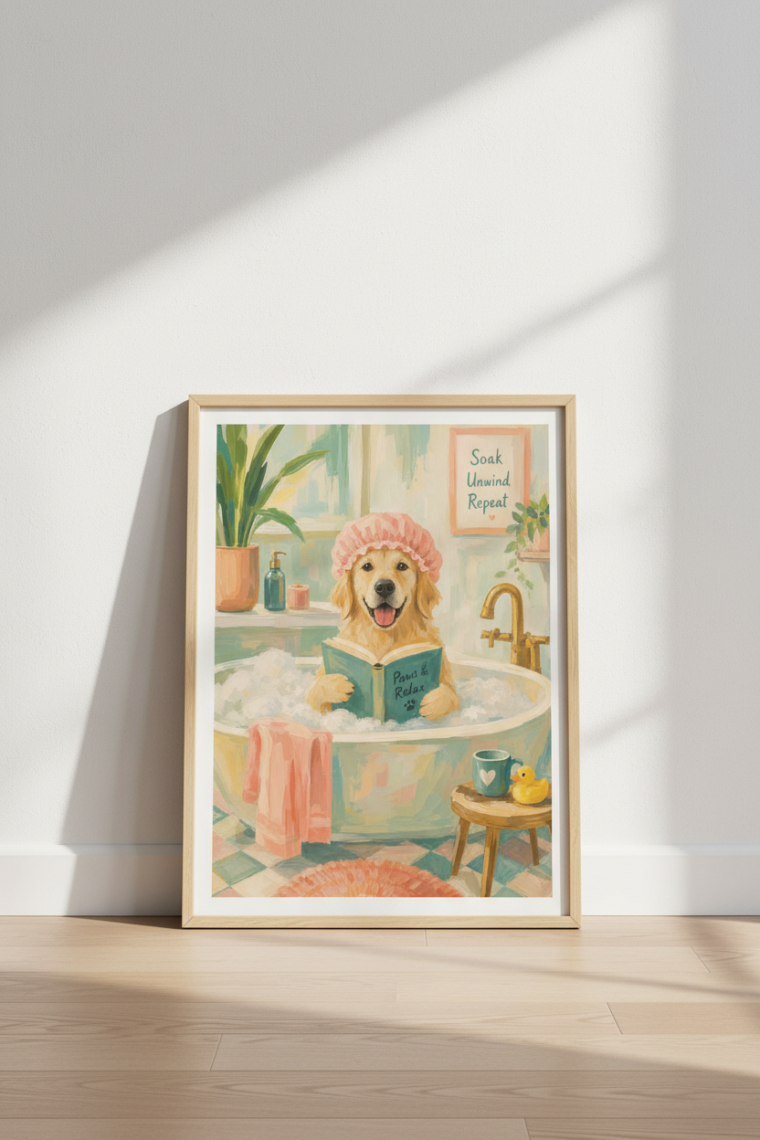 Golden Retriever Bathroom Wall Art | Funny Dog Bathtub Poster | Cute Pet Decor