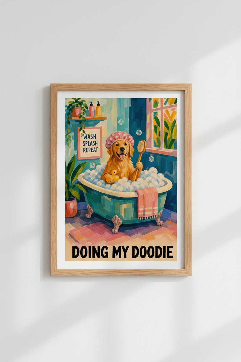Funny Bathroom Dog Print | Golden Retriever Bath Poster, Whimsical Bathroom Decor