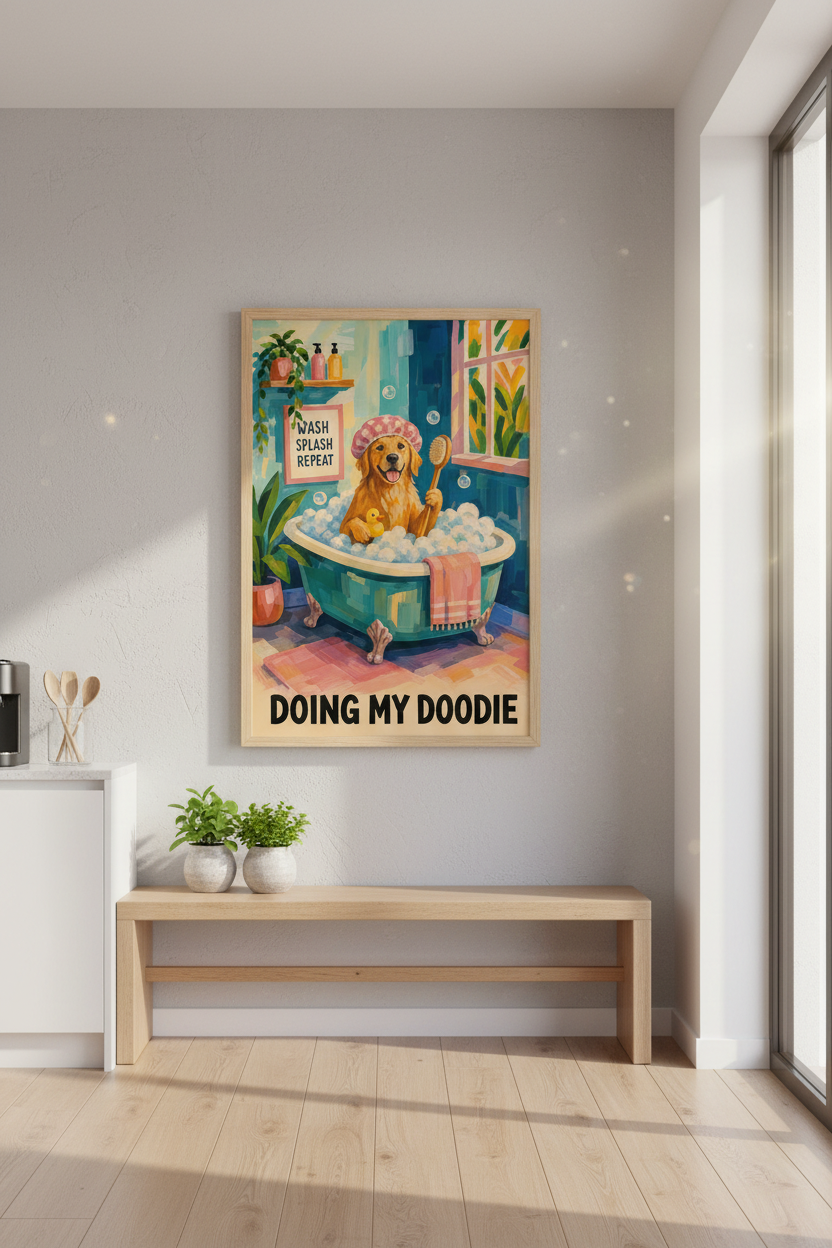 Funny Bathroom Dog Print | Golden Retriever Bath Poster, Whimsical Bathroom Decor