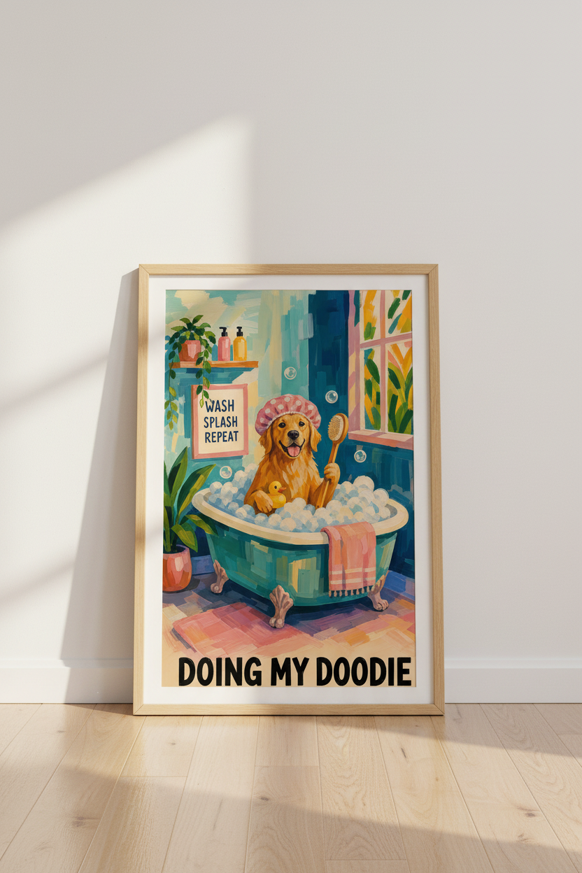 Funny Bathroom Dog Print | Golden Retriever Bath Poster, Whimsical Bathroom Decor