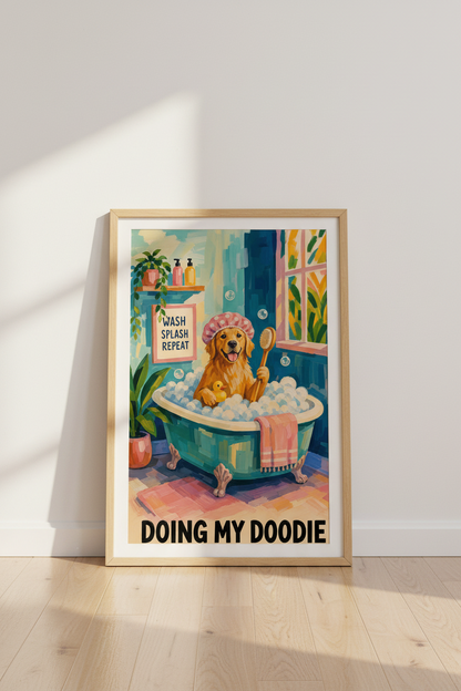 Funny Bathroom Dog Print | Golden Retriever Bath Poster, Whimsical Bathroom Decor