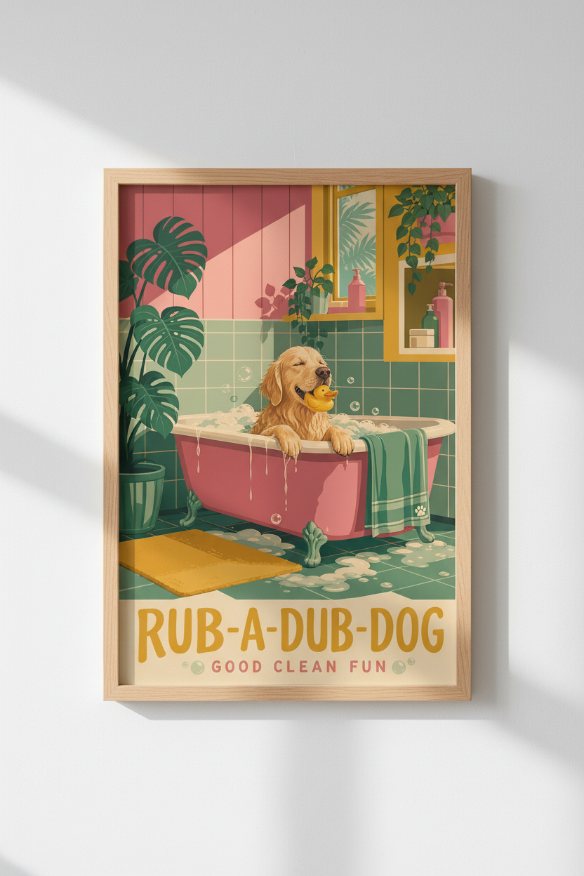 Dog Bathroom Wall Art | Golden Retriever Print, Retro Mid Century Modern Poster