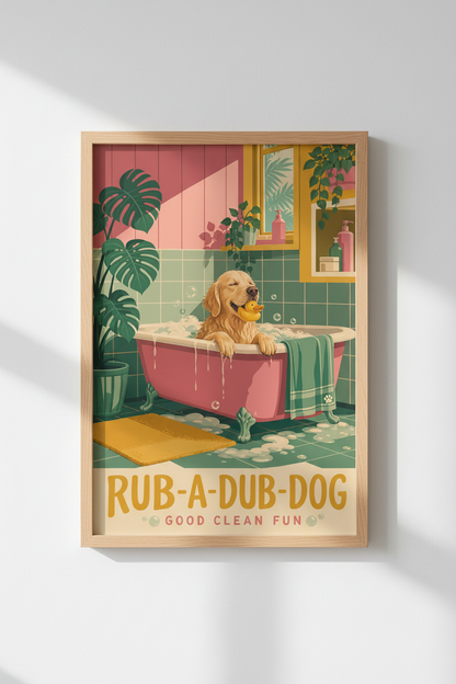 Dog Bathroom Wall Art | Golden Retriever Print, Retro Mid Century Modern Poster