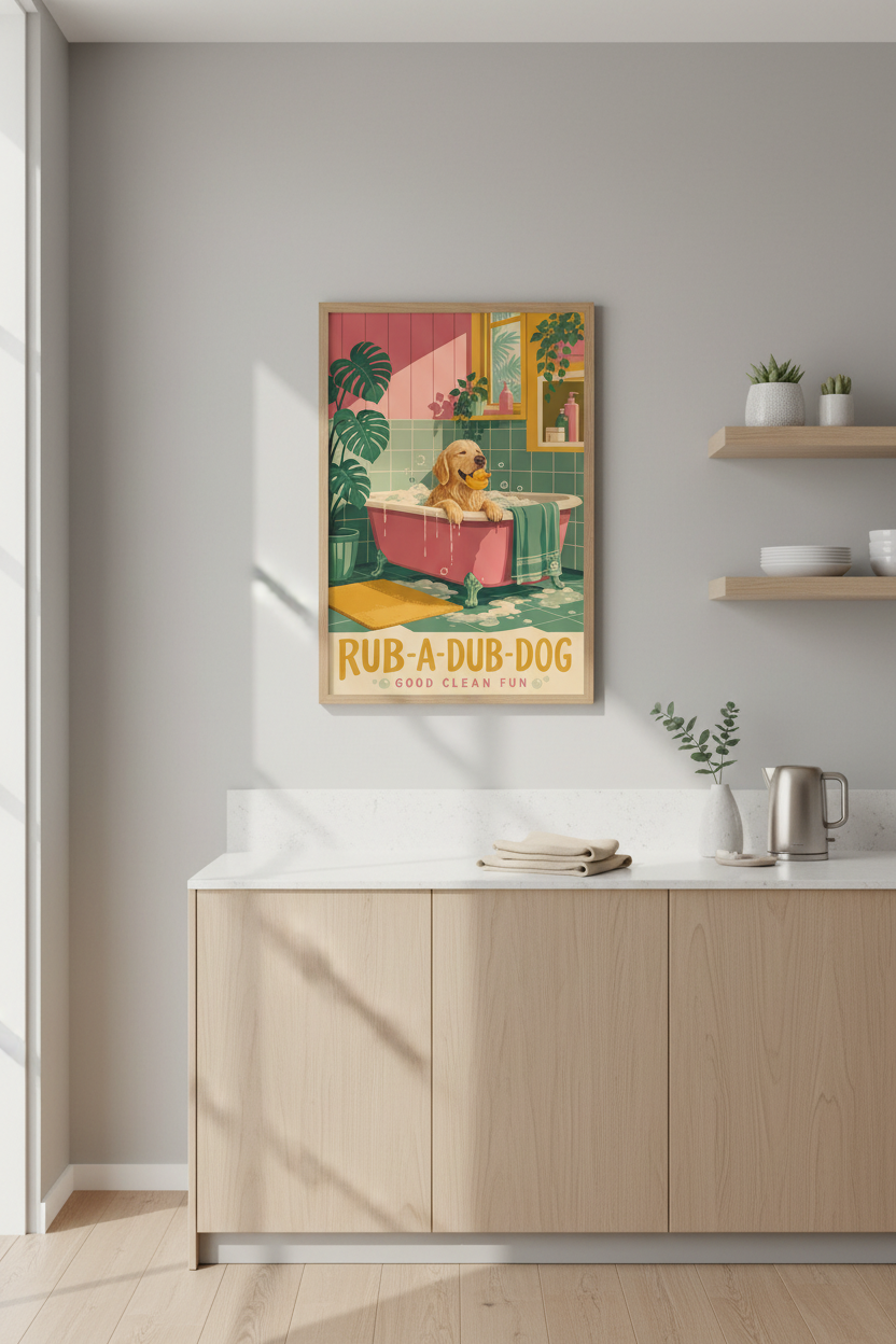 Dog Bathroom Wall Art | Golden Retriever Print, Retro Mid Century Modern Poster