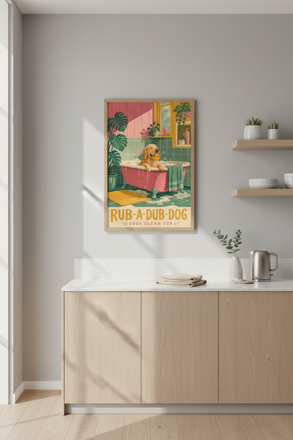 Dog Bathroom Wall Art | Golden Retriever Print, Retro Mid Century Modern Poster