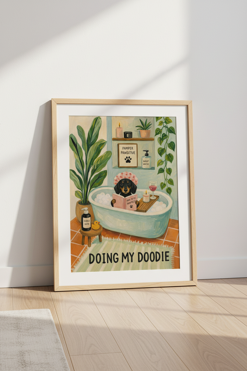 Dog in Bathtub Art Print | Funny Dachshund Bathroom Decor | Whimsical Pet Poster