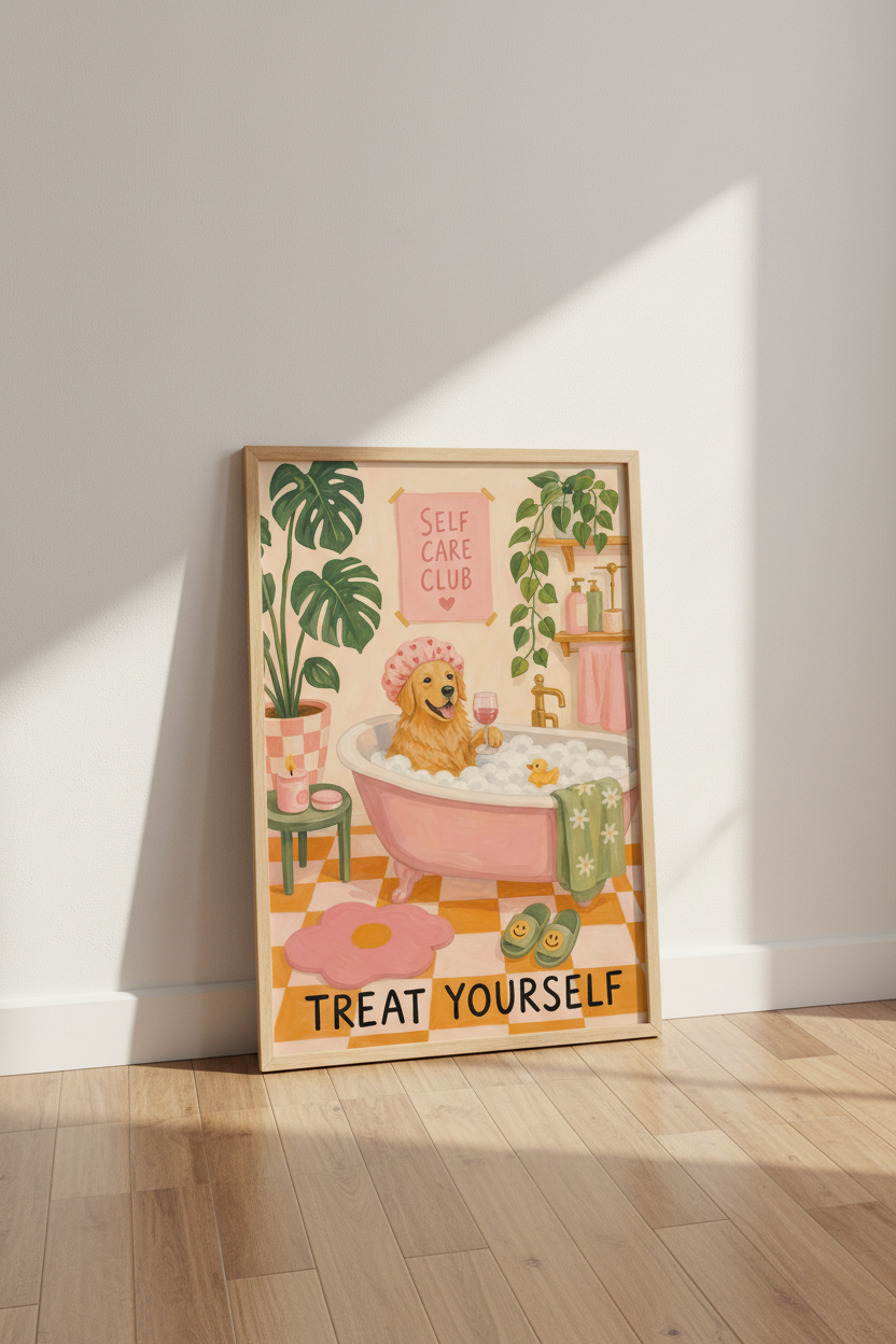 Golden Retriever Art Print | Funny Bathroom Decor | Preppy Pink Poster