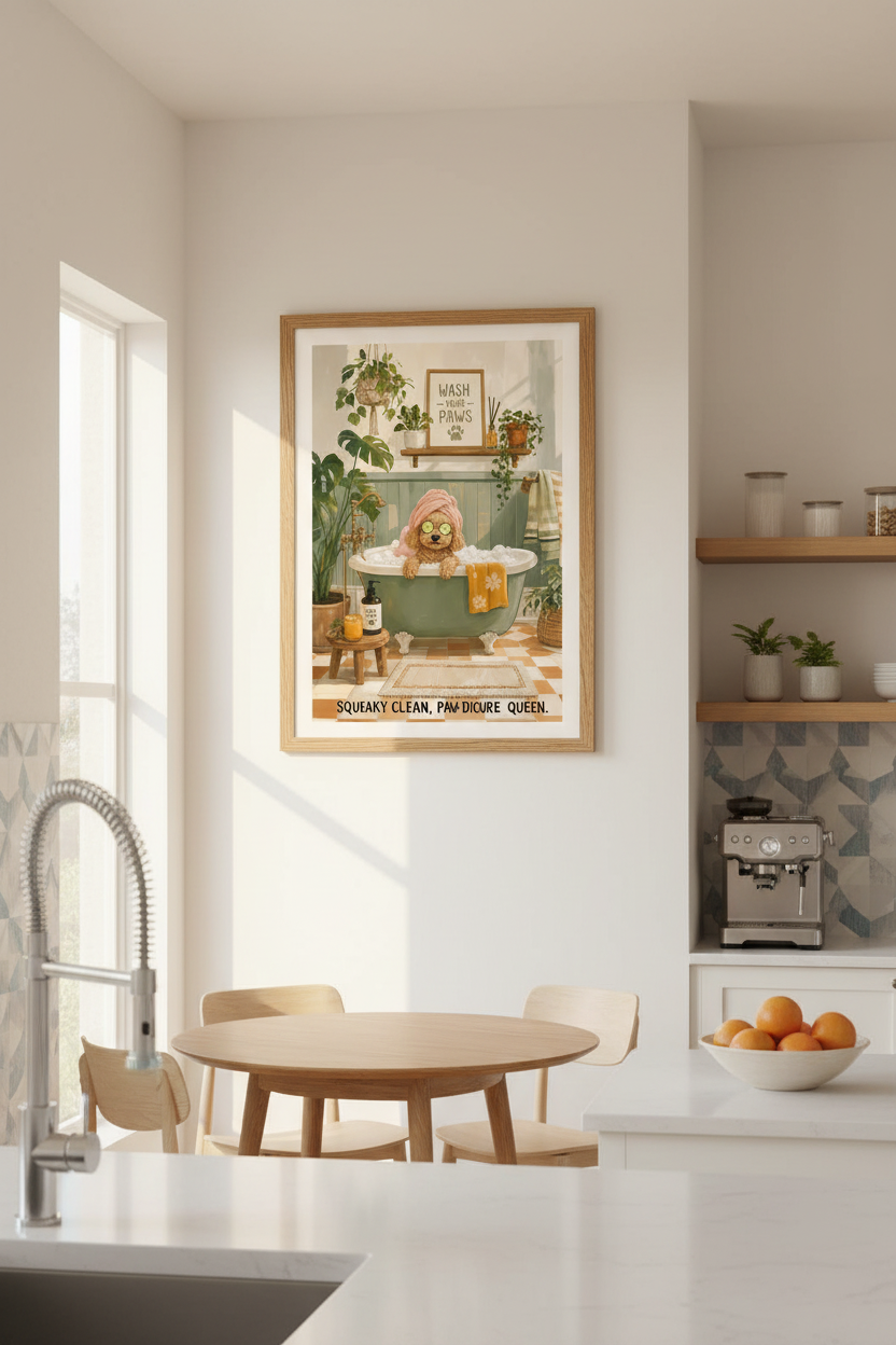 Funny Bathroom Wall Art | Poodle in Bathtub Decor | Cute Dog Spa Poster