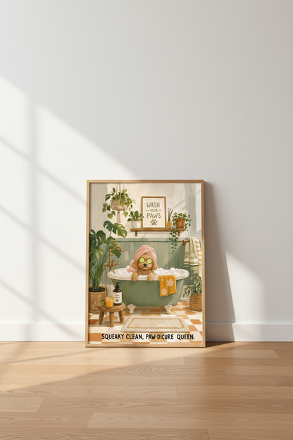 Funny Bathroom Wall Art | Poodle in Bathtub Decor | Cute Dog Spa Poster