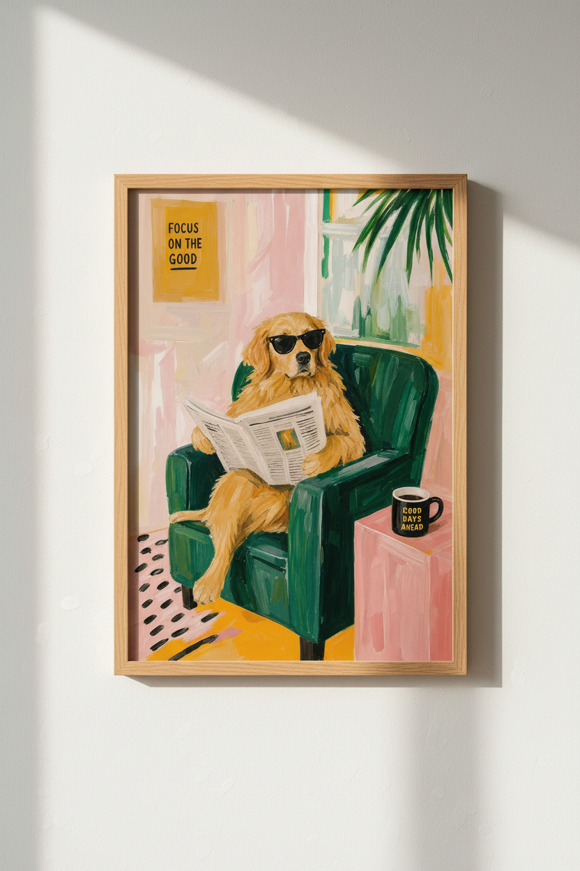 Golden Retriever Art Print | Funny Dog Reading Newspaper Poster | Colorful Eclectic Decor