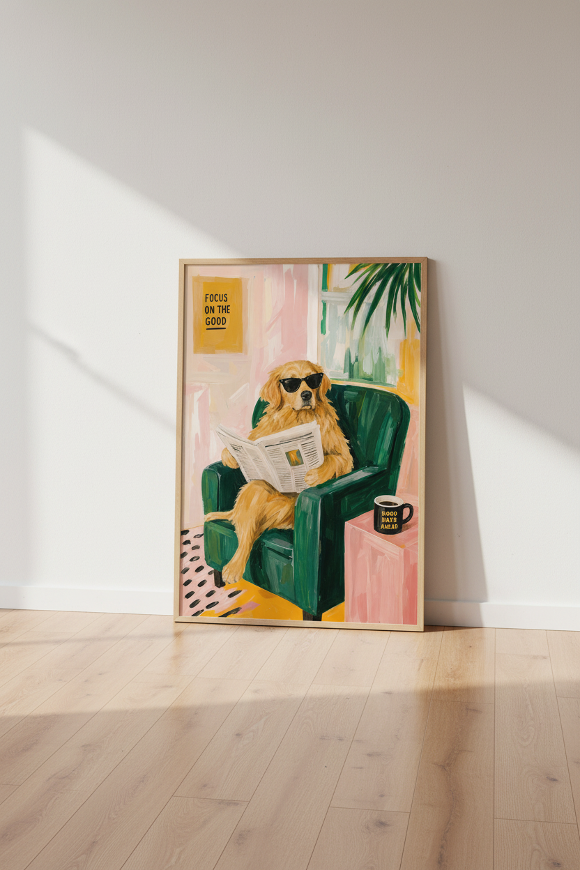 Golden Retriever Art Print | Funny Dog Reading Newspaper Poster | Colorful Eclectic Decor