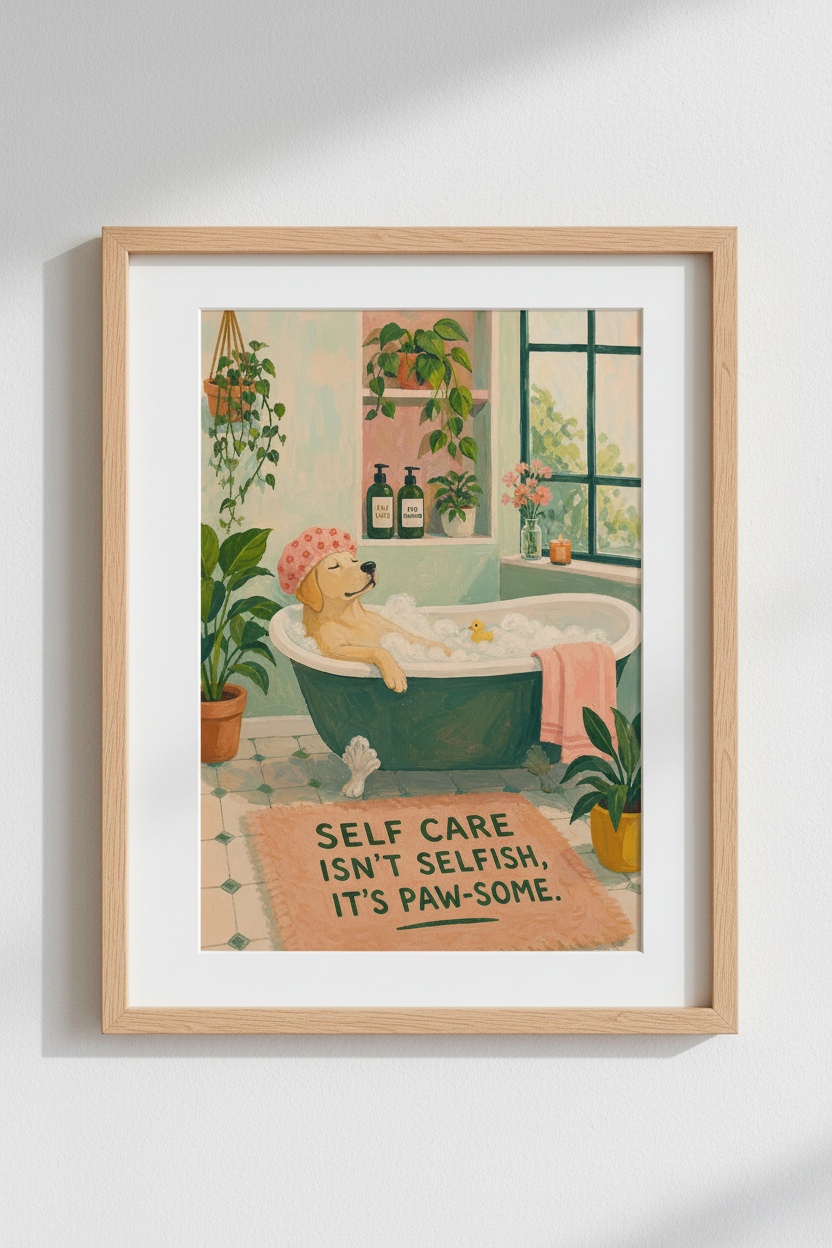 Dog in Bathtub Print | Funny Bathroom Wall Art | Maximalist Aesthetic Poster