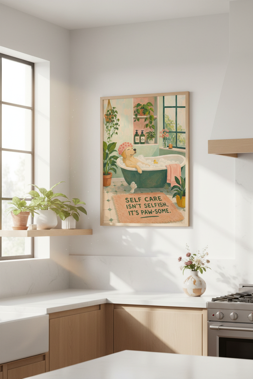 Dog in Bathtub Print | Funny Bathroom Wall Art | Maximalist Aesthetic Poster