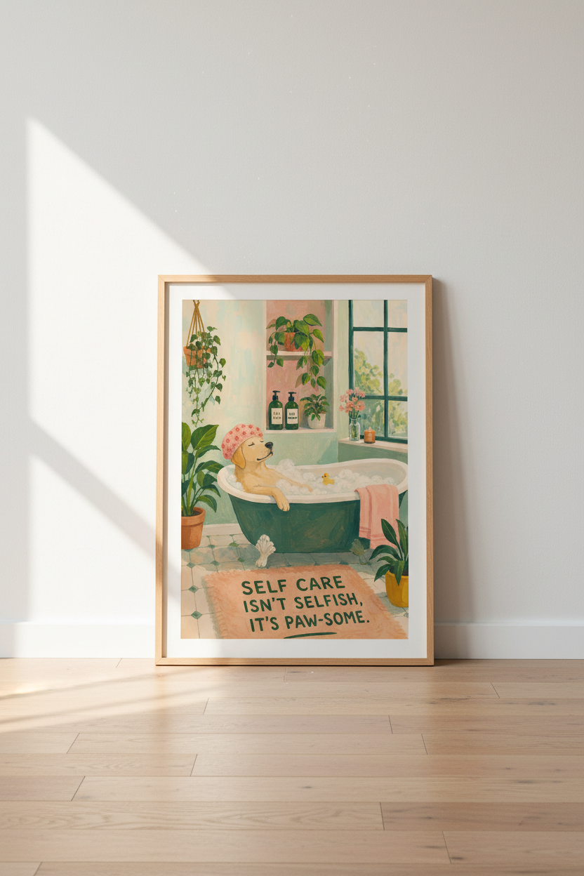 Dog in Bathtub Print | Funny Bathroom Wall Art | Maximalist Aesthetic Poster
